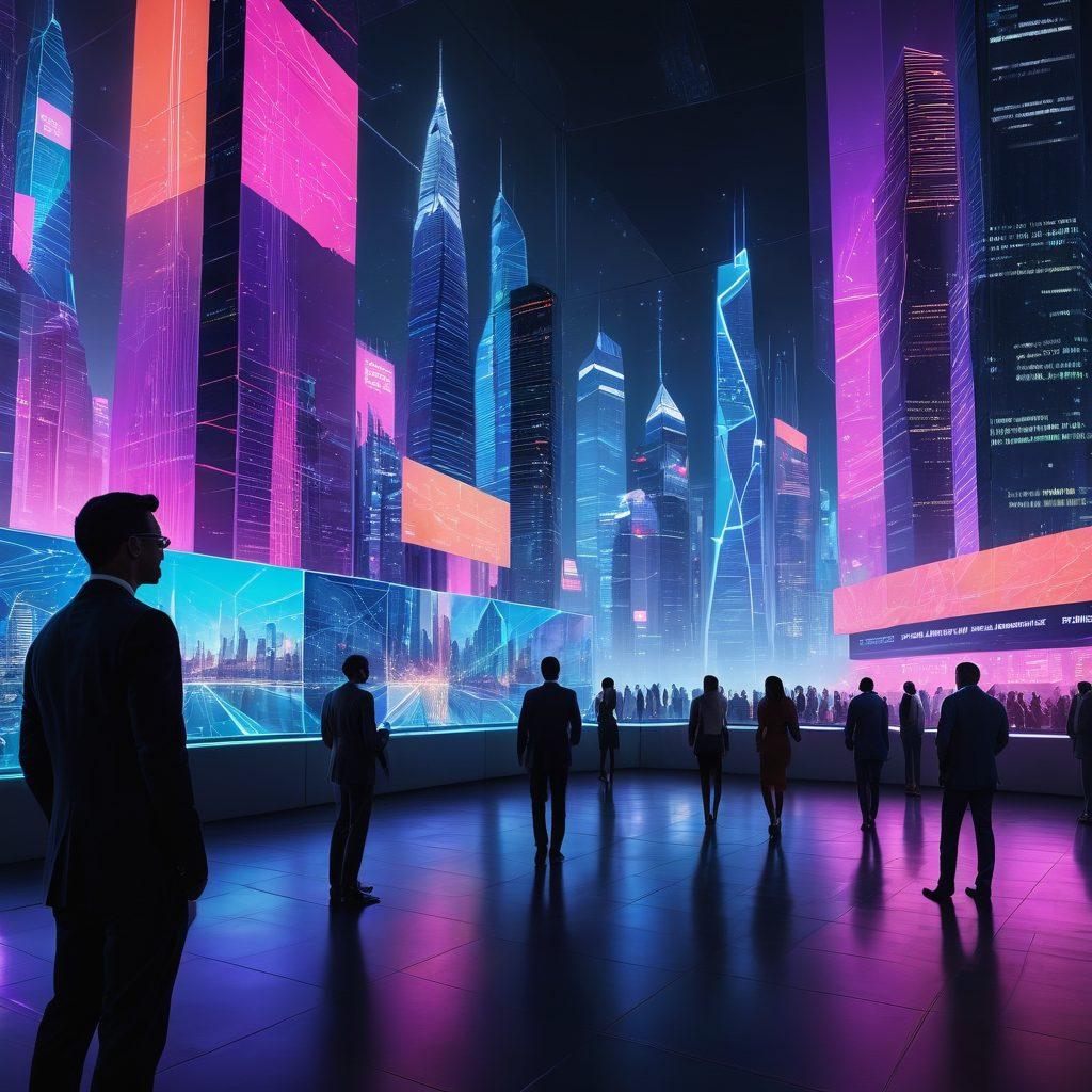 A futuristic cityscape representing the cutting-edge digital landscape of 2023, with towering skyscrapers adorned with smart technology. People in modern business attire are engaged with AI-driven devices, holograms, and drones. A central figure is analyzing a digital map on a large transparent screen, symbolizing strategic insights and data analytics. super-realistic. vibrant colors. cyberpunk.