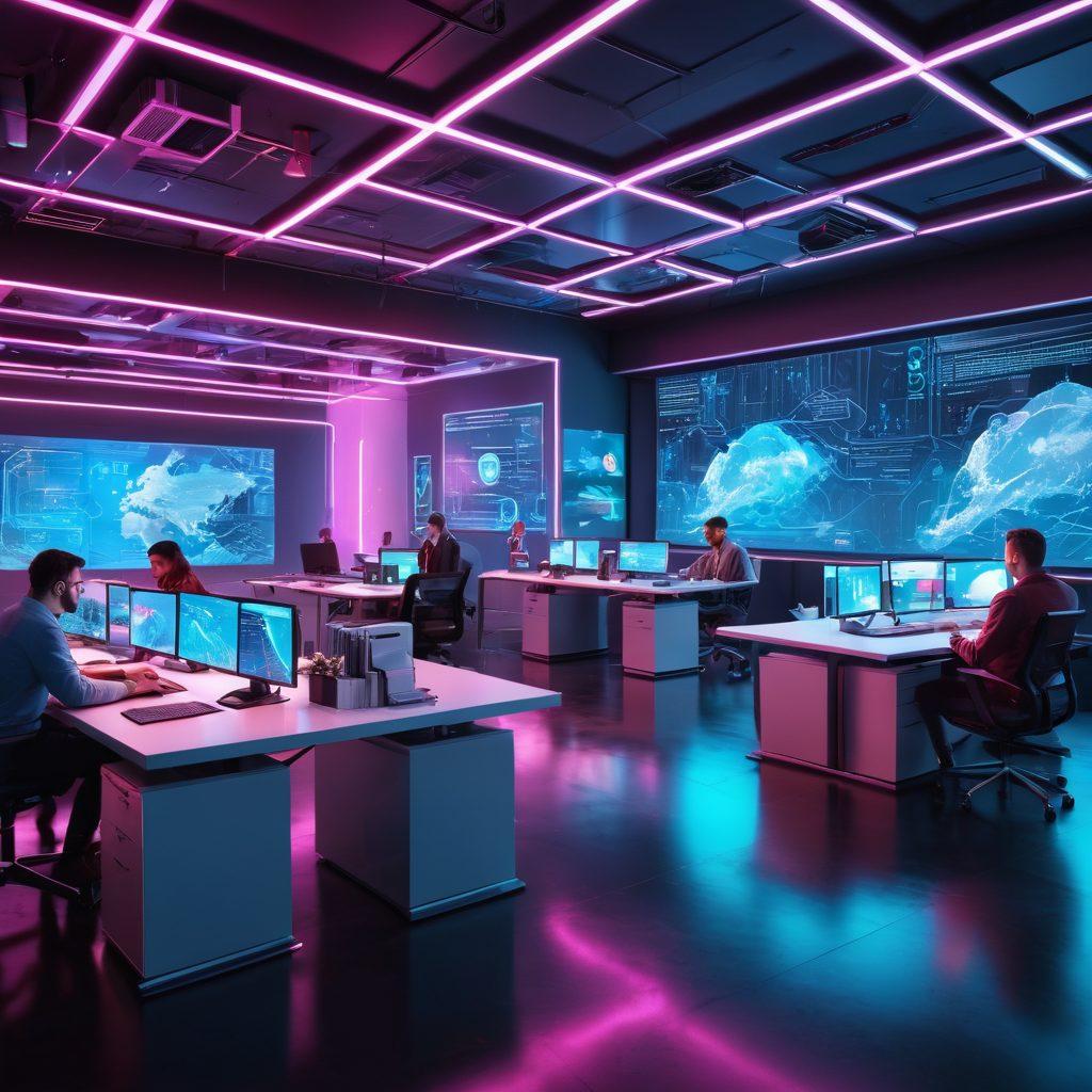 A futuristic office setting with holographic interfaces and diverse professionals collaborating on digital screens, showcasing various web solutions like cloud computing, AI, and data analytics. Include icons of strategy and innovation hovering around. Bright, neon colors. Cyberpunk. 3D.