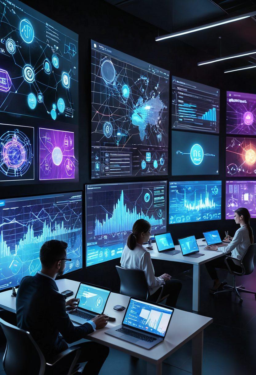 A dynamic digital landscape with interconnected elements like analytics charts, social media icons, and innovative tech devices forming a web of connections. Show professionals analyzing data on futuristic screens with holographic effects, set against a sleek, modern backdrop. futuristic, vibrant colors, 3D.